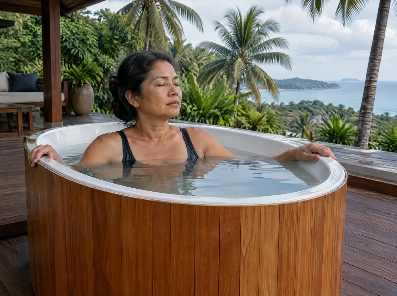 A woman chest-deep in the teak and white cold tub on a shaded deck, eyes closed