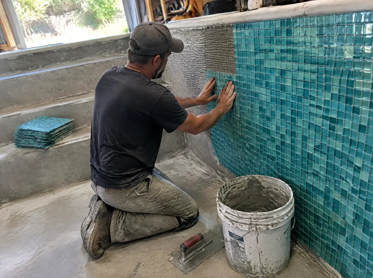 A tiler kneeling in an empty plunge-pool shell pressing lagoon-teal glass mosaic sheets onto the wall