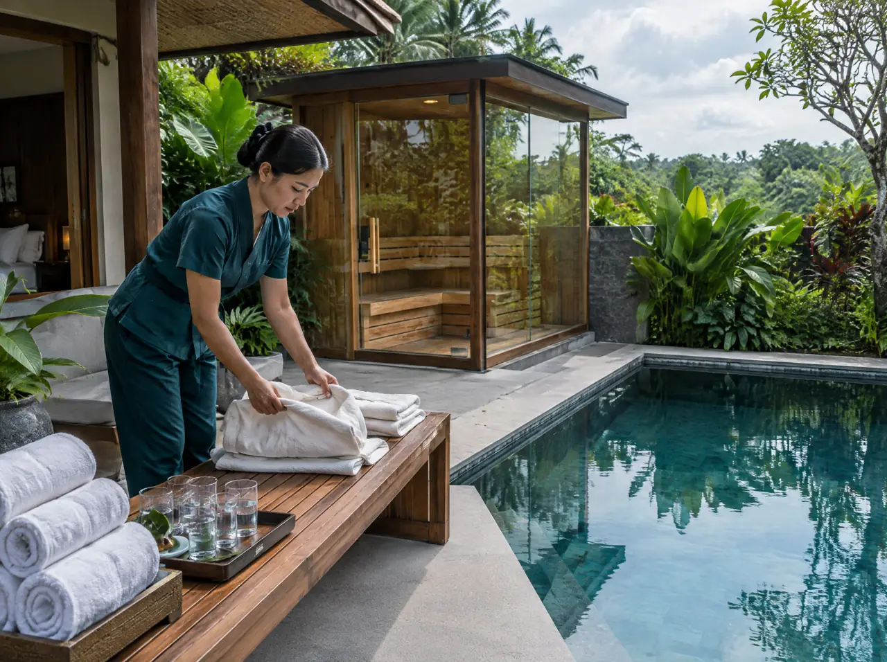 A Thai villa housekeeper folding linen robes onto a teak bench beside a glass sauna and a plunge pool before guests arrive, with rolled towels and a tray of water glasses