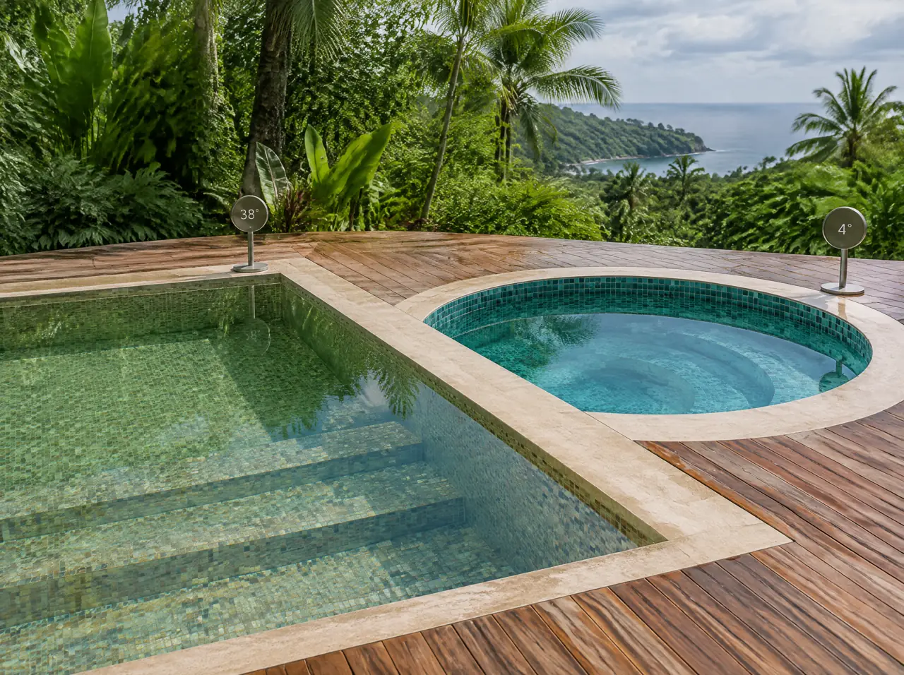 A sage-gold warm pool and a lagoon-teal cold pool separated by a narrow stone ledge, each with a small temperature display