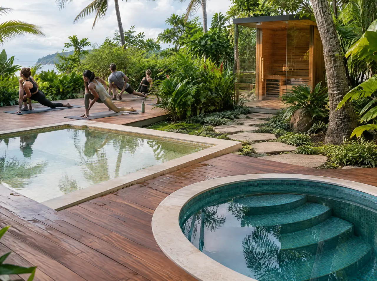 A yoga deck with a few people in stretching poses, a path of stepping stones leading to a warm soaking pool and a round cold plunge pool, with a corner glass sauna beyond, in a tropical garden