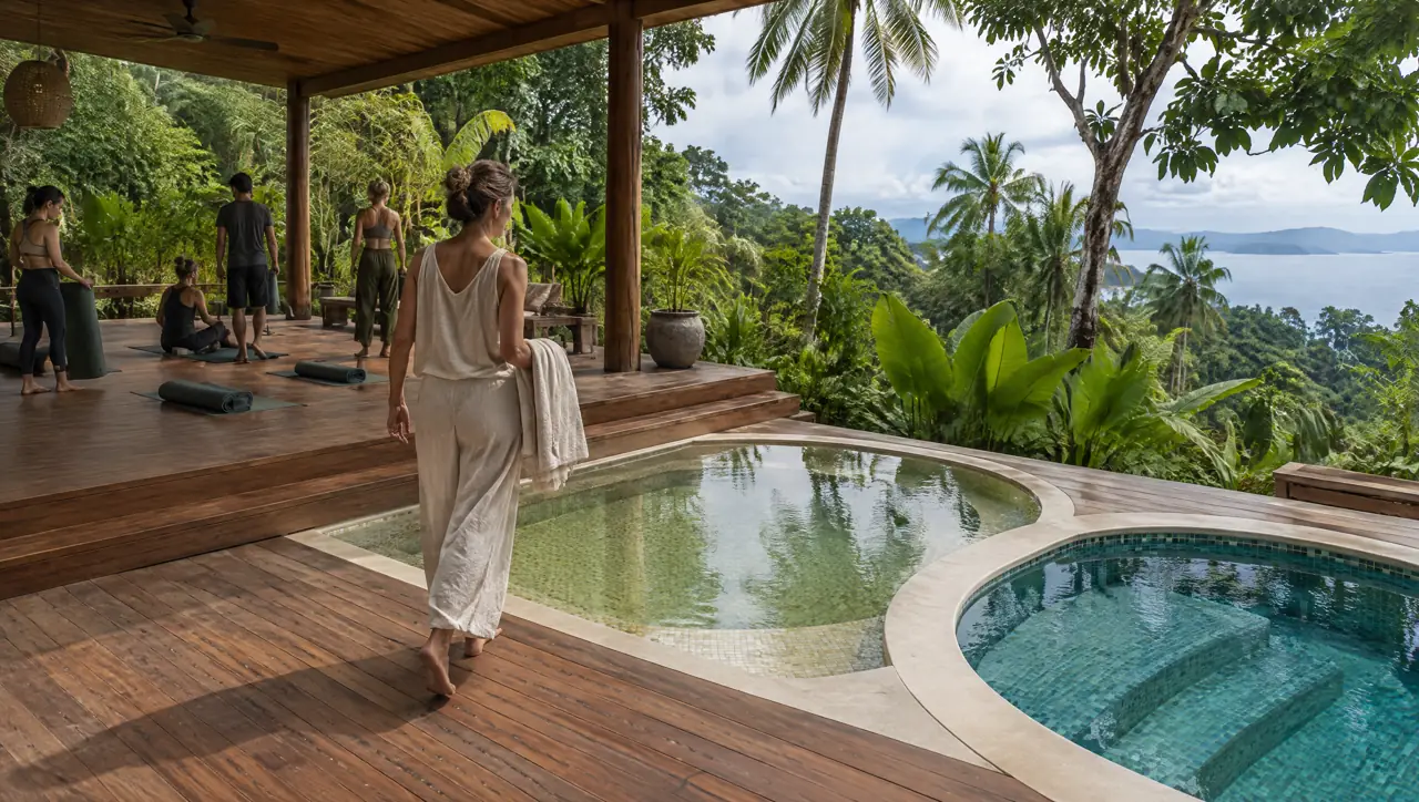A woman in loose linen walking toward a warm sage-gold pool and a round lagoon-teal cold pool from a covered yoga deck on Koh Samui, with a few people finishing a class behind her